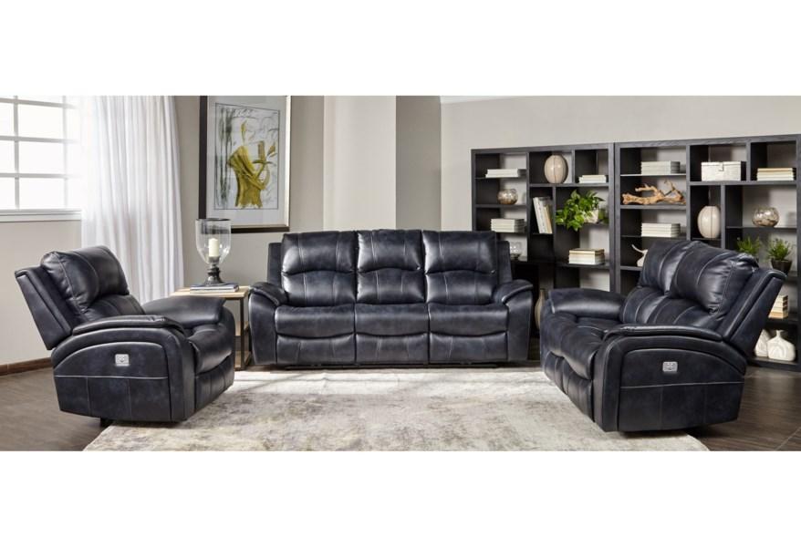 Blue Leather Dual Reclining Sofa with Power Headrest
